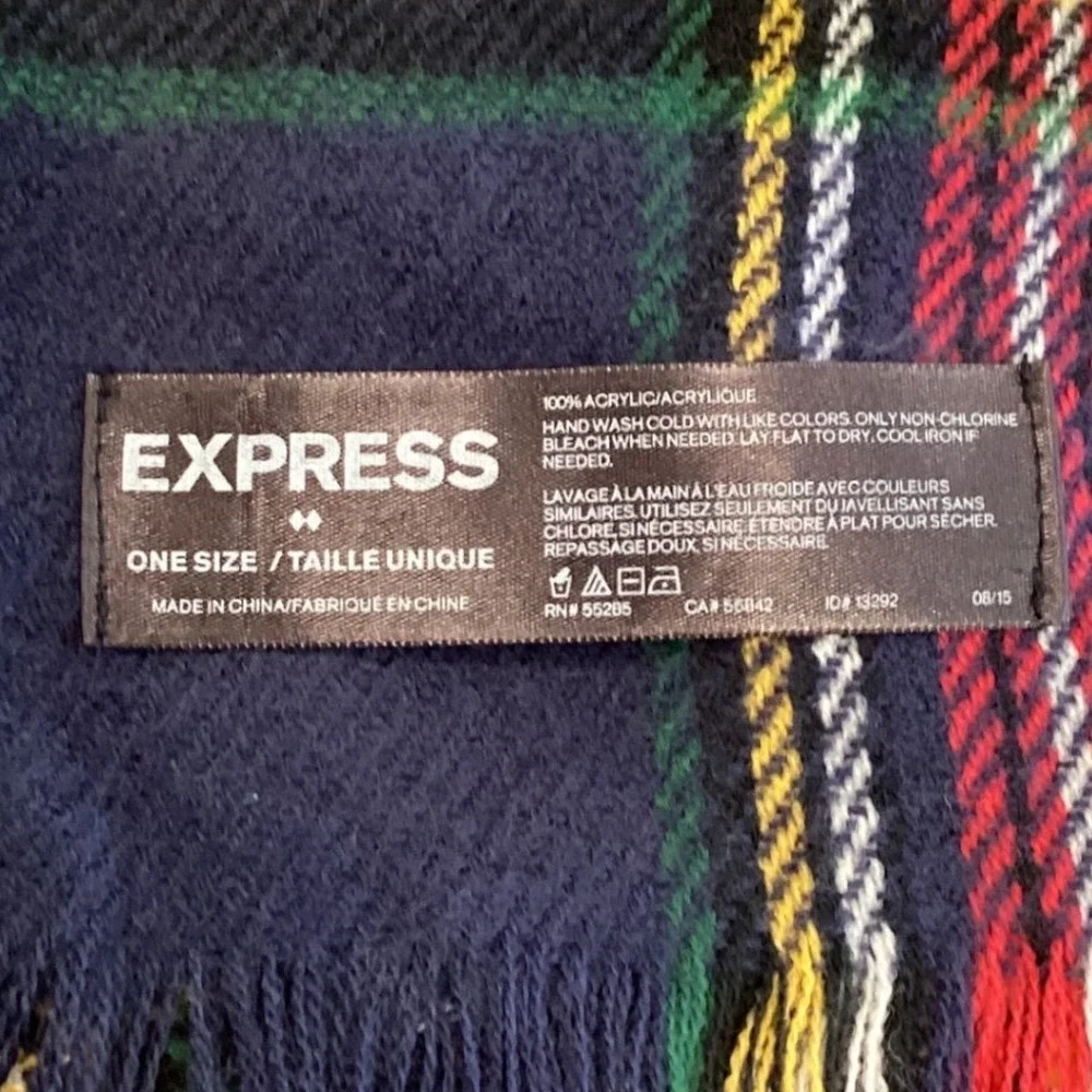 Womens Navy Blue Red Plaid Tartan Fringe Blanket Scarf 31